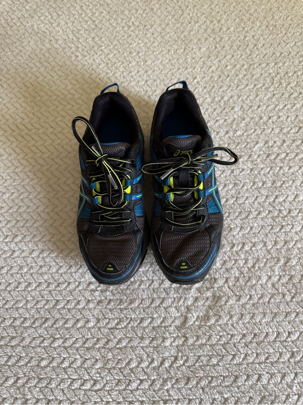 Asics Gel Venture 4 Trail Black and Blue Womens Athletic Shoes with Lime Accents